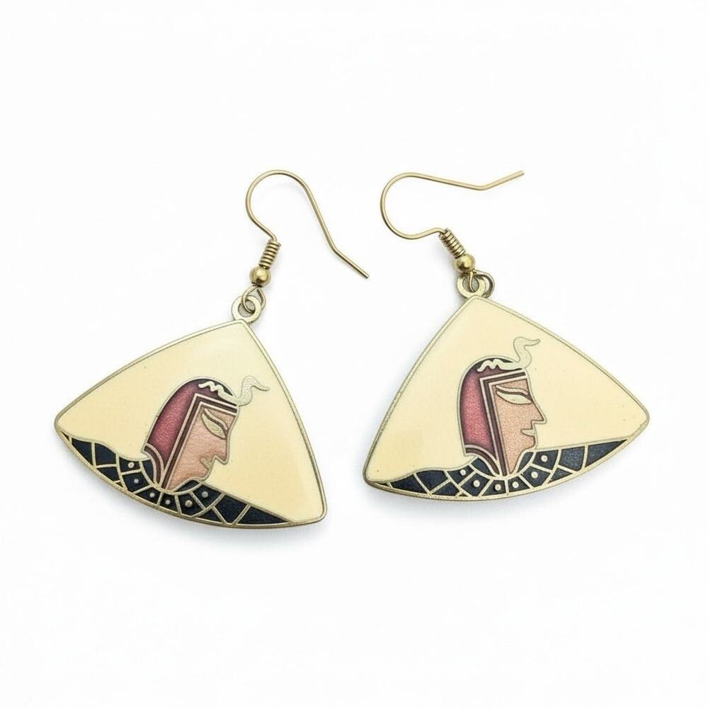 Vintage Gold Tone CLOISONNÉ Egyptian Dangle Earrings Revival Hook Multicolor